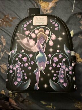 Loungefly Black Mini Backpack with Lavender Floral Tinker Bell Artwork